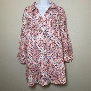 Chico's 100% Linen No Iron Paisley Print Shirt Size 4 Bohemian Hippie Colorful
